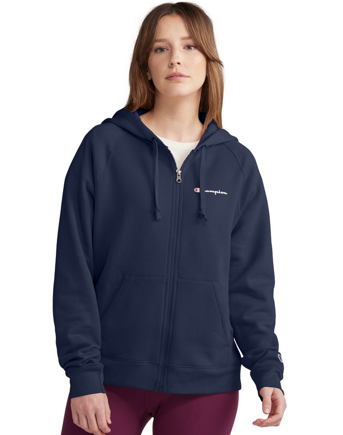 Champion Dame Hættetrøje Mørkeblå - Powerblend Fleece Full Zip - Danmark FUJ-518634